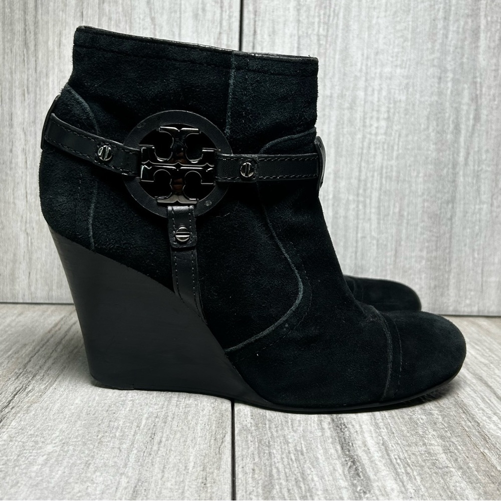 Tory Burch Black Suede Aaden Heeled Wedge Bootie Ankle Boot Shoes Womens Size 8